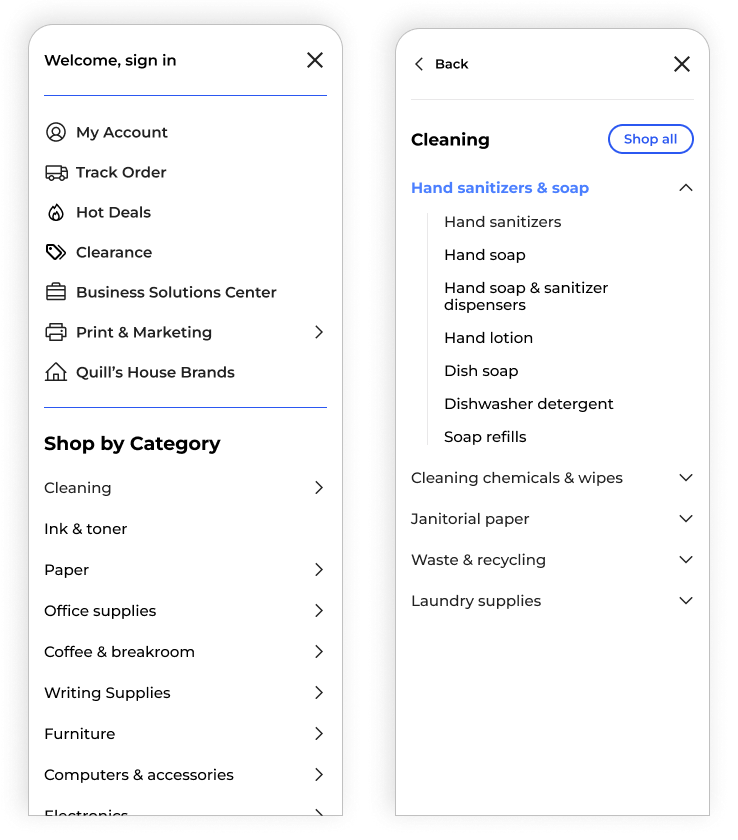 Redesigned Quill Shop All navigation